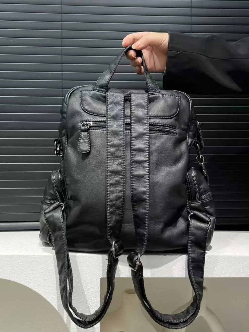 Y2K Grunge Aesthetic Soft Black Vegan Leather Multi Pocket Convertible Backpack